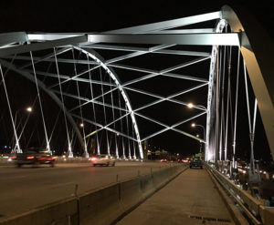 lighting controls on Pittsburgh bridge at night